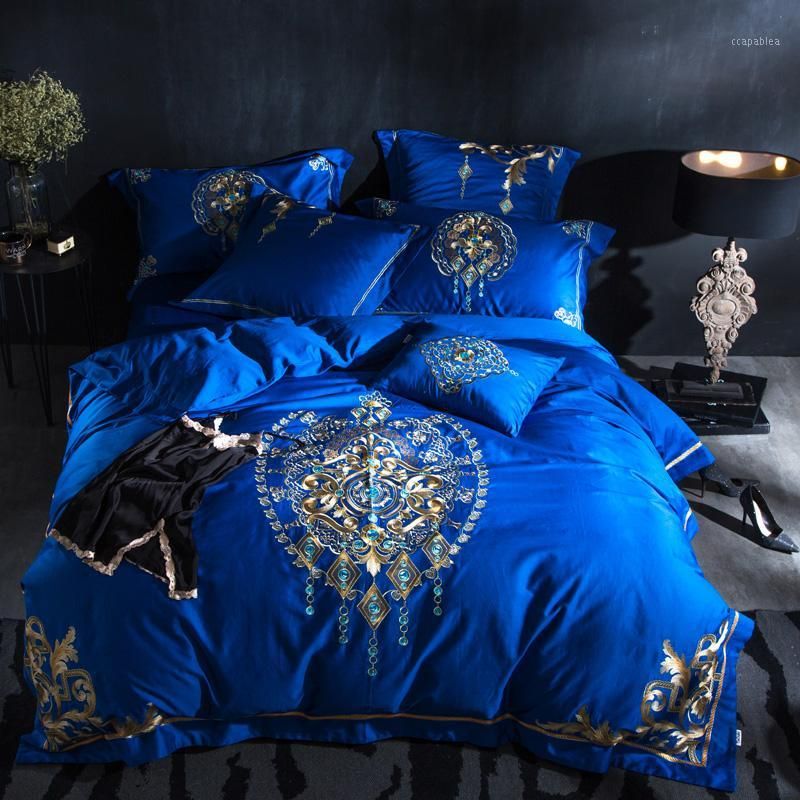 Blue Egyptian Cotton Bedding Set Queen King Bed Set Duvet Cover Bed Sheet Set 