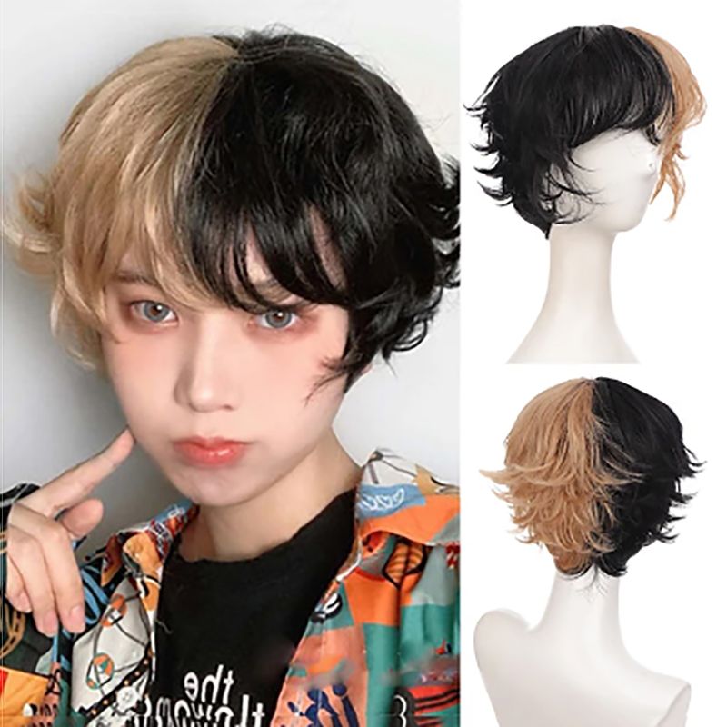 Costume Accessories Cosplay Wigs Men Layered Haircut Heat Resistant Fiber Short Curly 2 Tone Anime Synthetic Costume Accessories Cosplay Wigs Men Layered Haircut Heat Resistant Fiber Short Curly 2 Tone Anime Synthetic