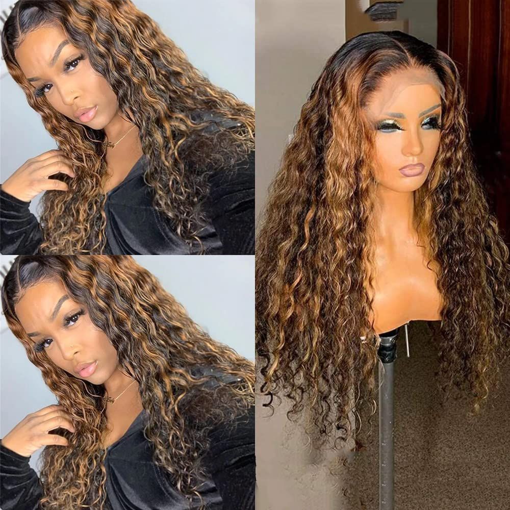 Highlight Curly Wave Lace Front Human Hair Wigs Ombre Brown Honey Blonde  Color with Baby Hair