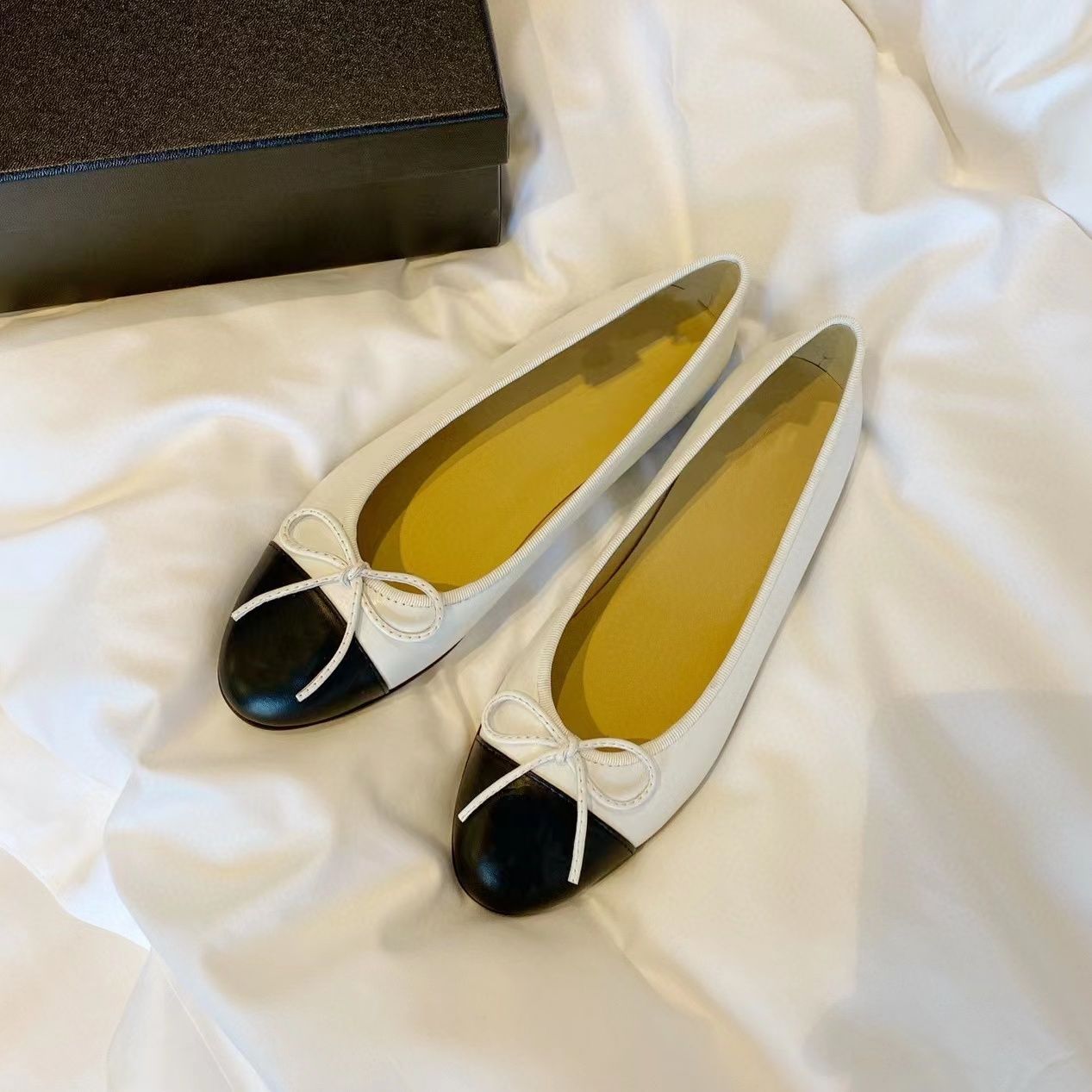 Vintage CHANEL Yellow Calfskin Leather Flat Pump Shoes With 