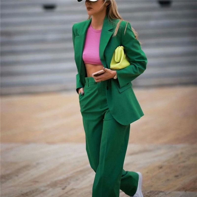 Mujer vintage verde blazer trajes de blazer primavera femenino streetwear sólidos a juego conjuntos