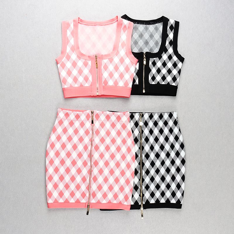 pink grid pattern skirt set