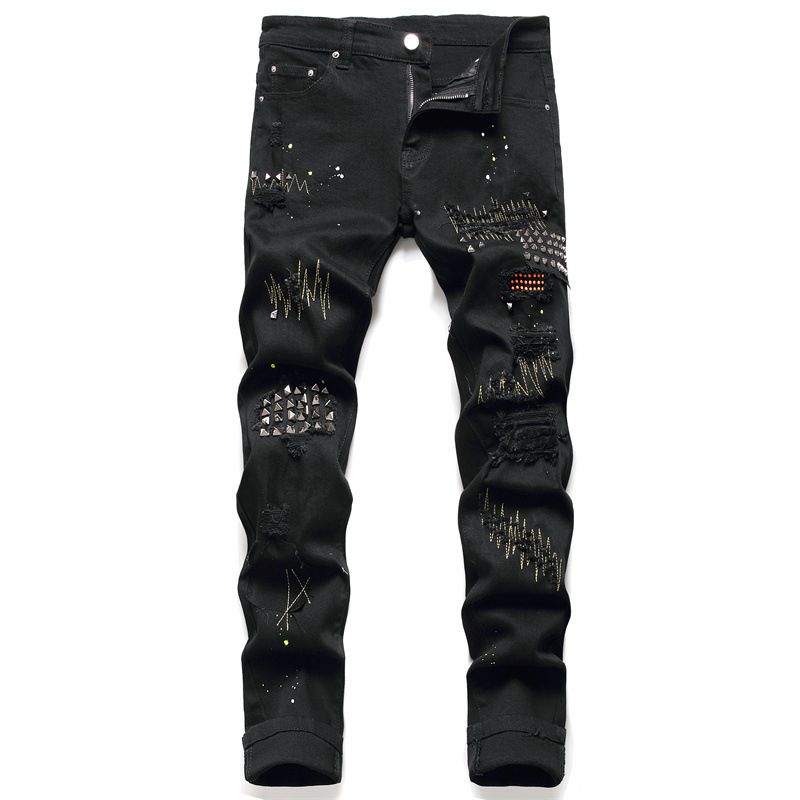 Man Rivet Studs Canditing Detalle Daño Jeans negros Animados Pantalones de  mezclilla usados