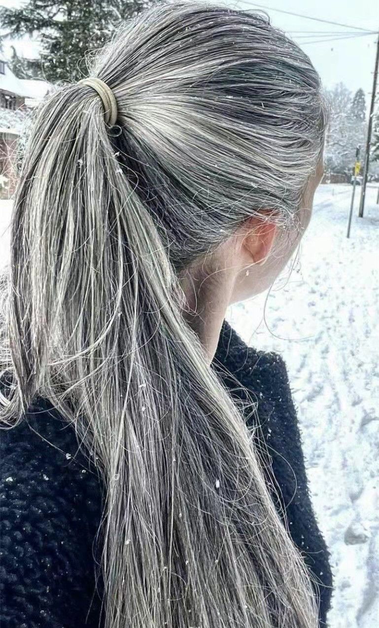 Sleek silver grey ponytail hairpiecetwo tone melted natural highlight salt  and pepper human hair gray pony