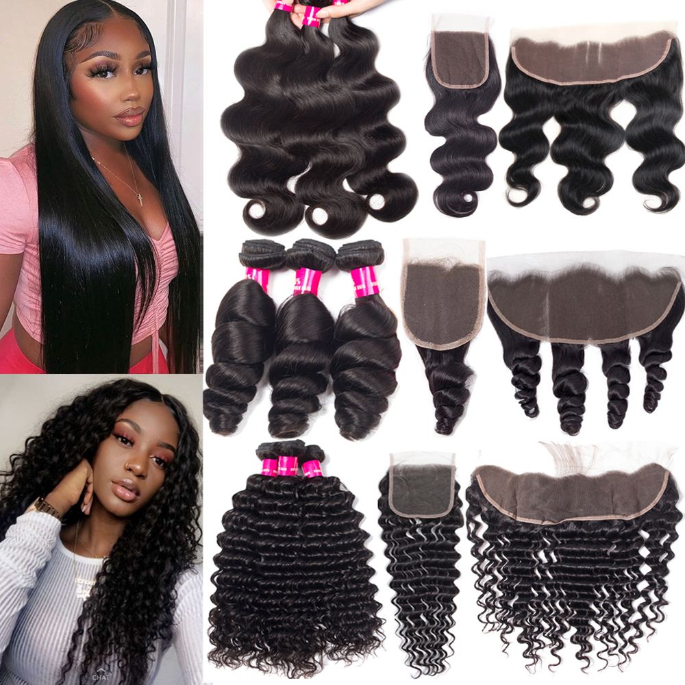 9A Brazilian Human Hair Weaves 3 Bundles With 4x4 Lace Closure Straight Body Wave Loose Wave Deep Wave Kinky Curly Hair Wefts With Closure 9A Brazilian Human Hair Weaves 3 Bundles With 4x4 Lace Closure Straight Body Wave Loose Wave Deep Wave Kinky Curly Hair Wefts With Closure