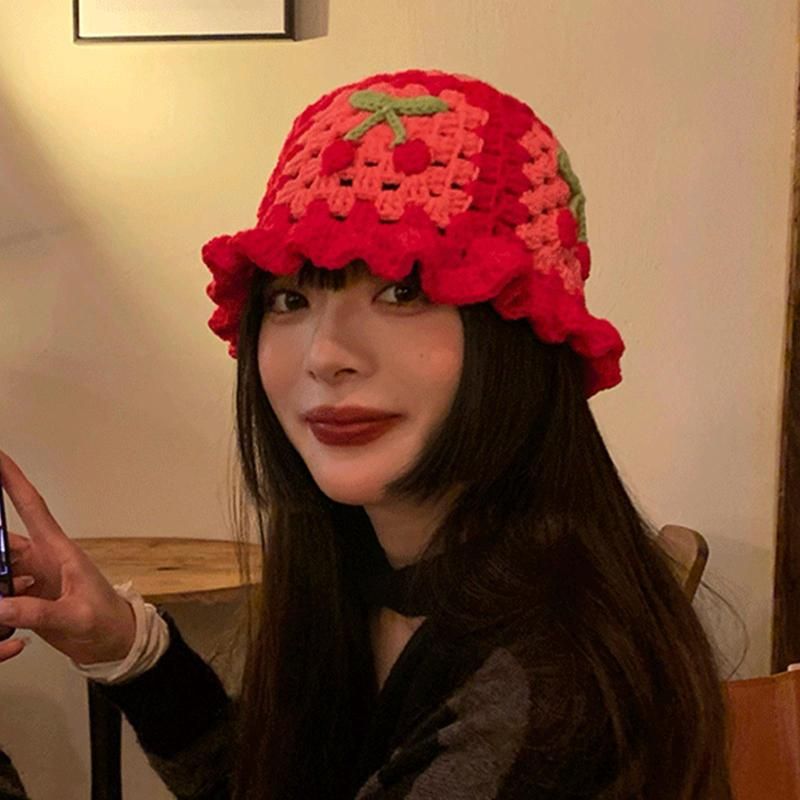 Berets Cute Cherry Bucket Hat Knitted 