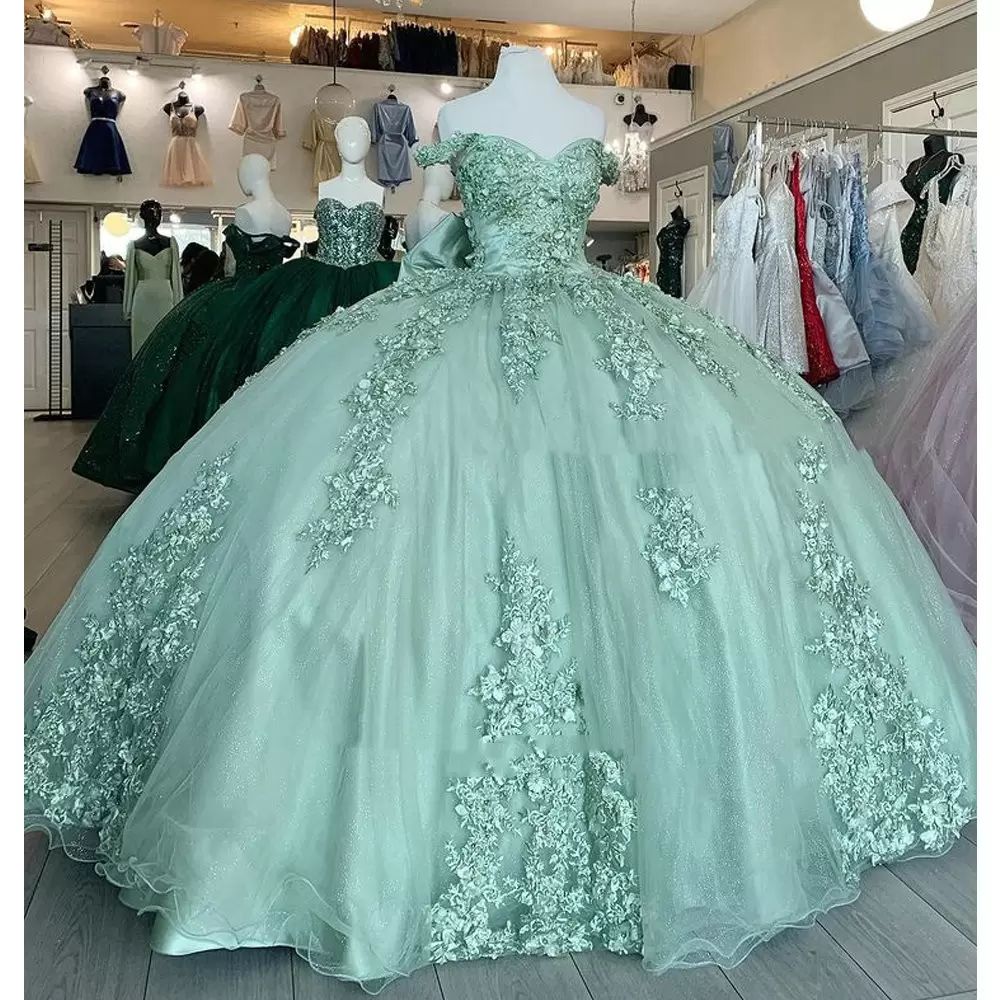 Vestidos de quinceanera de salvia verde hombro Appliques Floral Appliques Bown Back Corset for