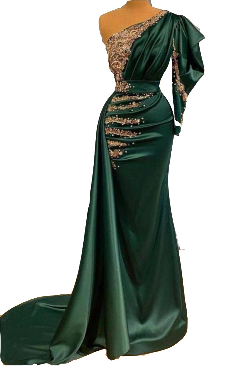 2022 Sexy Satin Dark Green Mermaid Evening Dresses Wear With Gold Lace ...