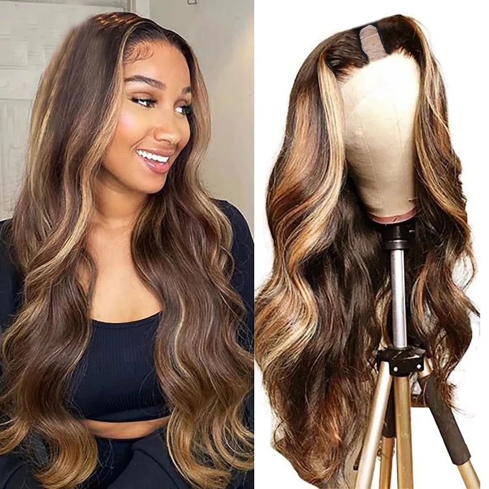 Highlight Blonde V Part Wigs Peruvian Virgin Human Hair Glueless Ombre Dark Brown Wavy U Shape Highlight Blonde V Part Wigs Peruvian Virgin Human Hair Glueless Ombre Dark Brown Wavy U Shape