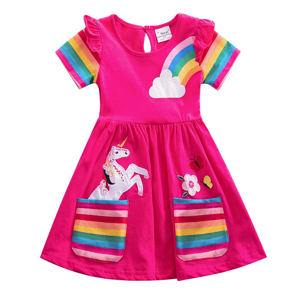Chica de manga corta Unicornio Vestido de unicornio Pony Dibujos animados Impreso de algodón bordado Cuello Chica de manga corta Unicornio Vestido de unicornio Pony Dibujos animados Impreso de algodón bordado Cuello