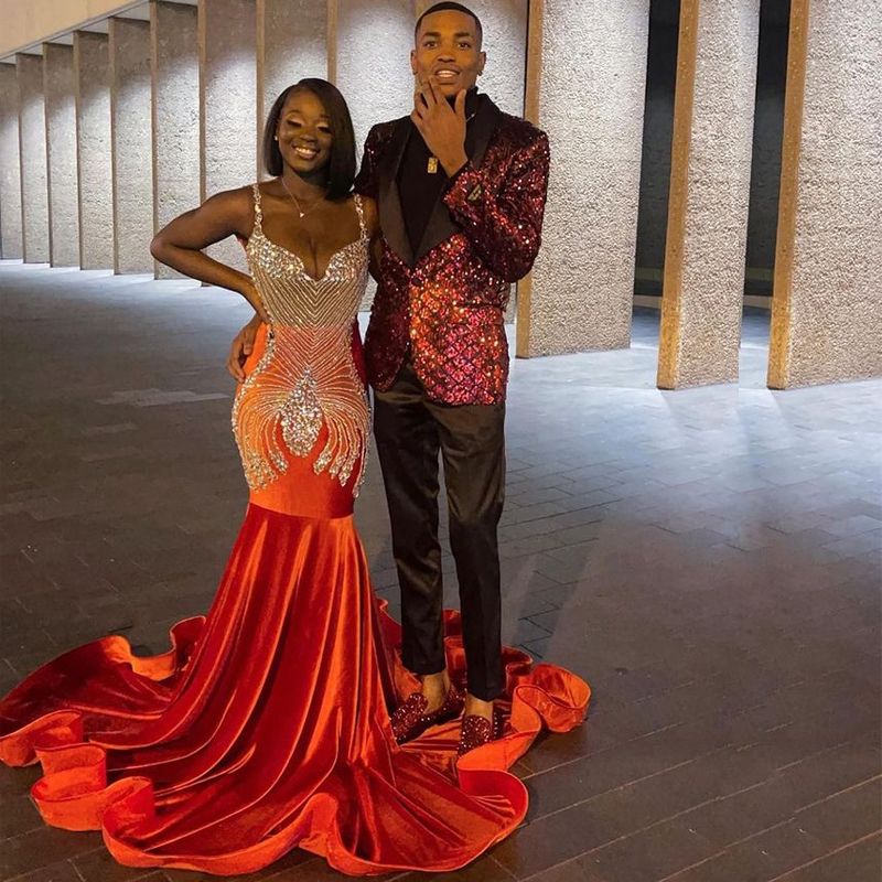 Orange Velvet Mermaid Prom Dresses Spaghetti Strap Crystal Graduation Gown  Beading Black Girls Evening Party Wears From Wevens, $182.99 | DHgate.Com