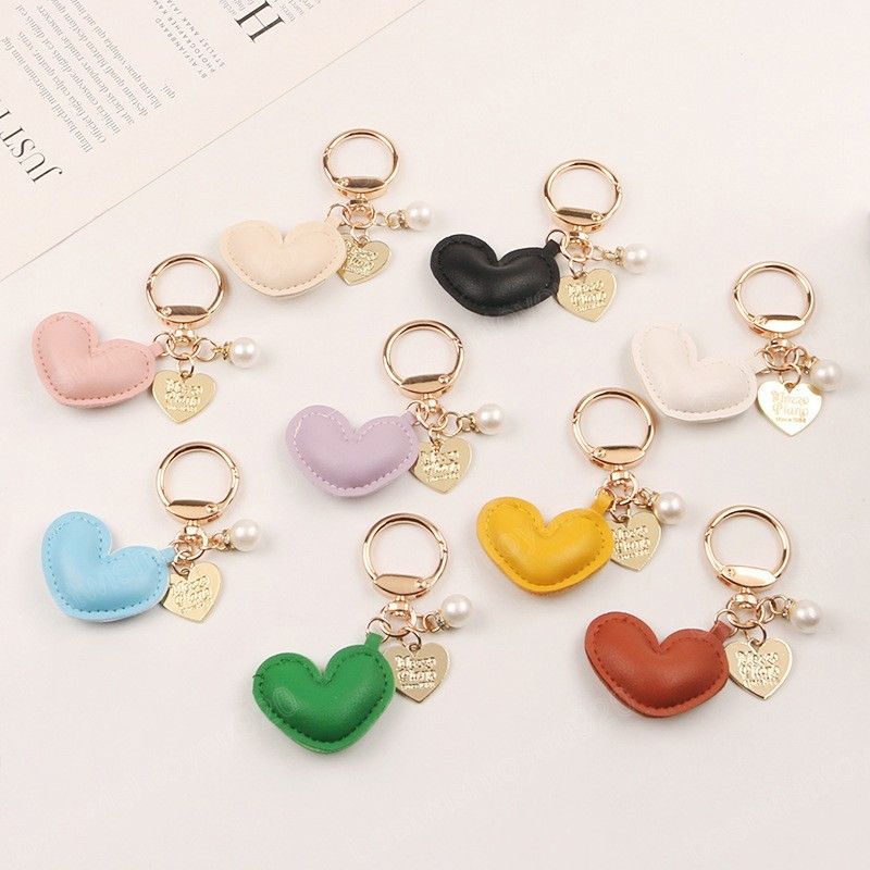 Gold Color Korean Heart Love Leather Keychain With Pearl Tag