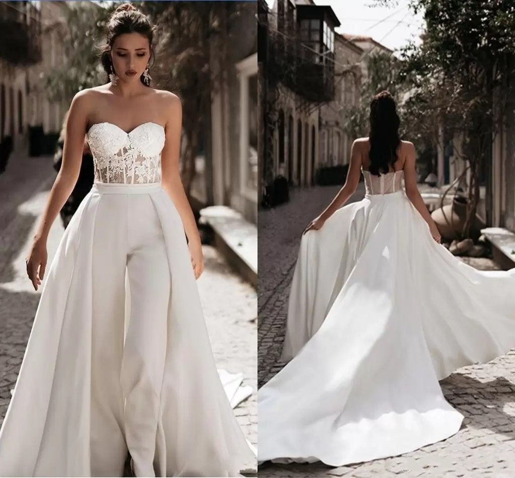 2022 Vestidos de novia de tren desmontable Jumpsuits Lace sin tirantes Véase a través de la 2022 Vestidos de novia de tren desmontable Jumpsuits Lace sin tirantes Véase a través de la