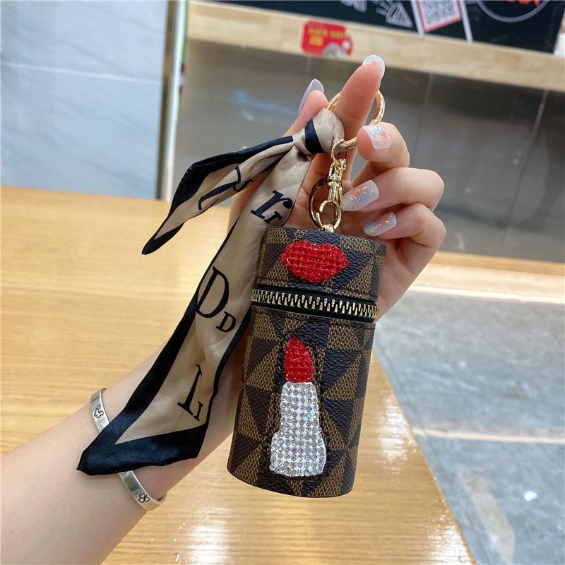 Luxury silk ribbon key chains for women retro lipstick purse PU leather  keychain charms bag Pendant