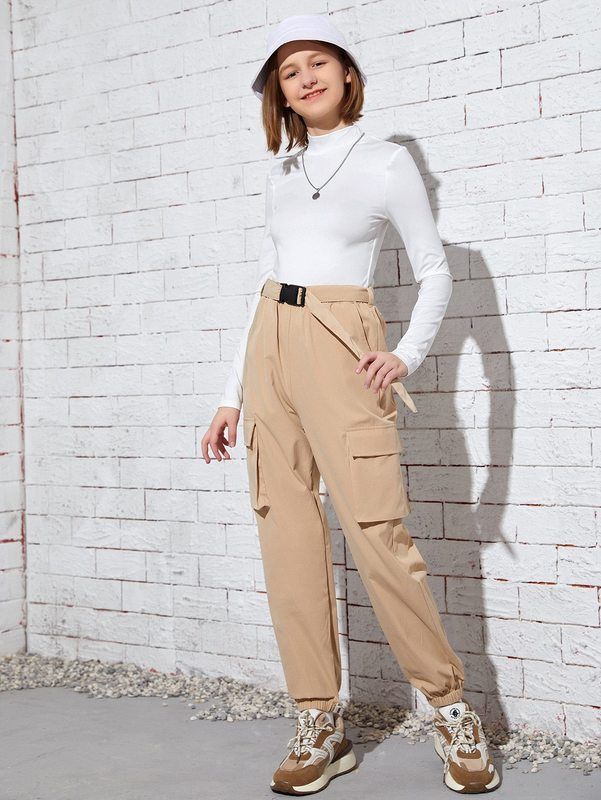 mock neck tee and belted cargo pants