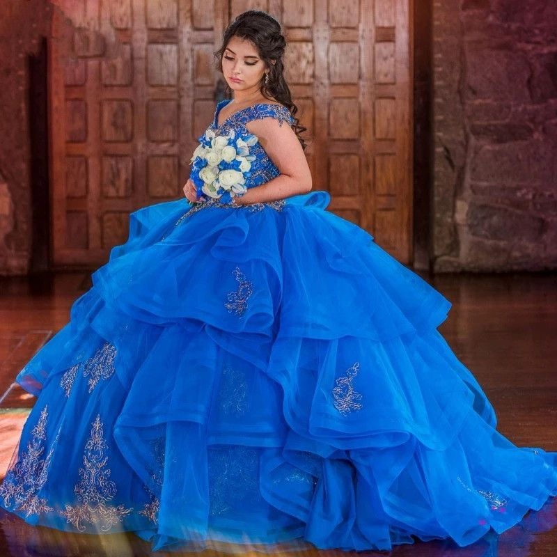Vestidos de 15 años 2022 Royal Blue Quinceañera Vestidos volantes encaje aplique dulce 16 vestidos de Vestidos de 15 años 2022 Royal Blue Quinceañera Vestidos volantes encaje aplique dulce 16 vestidos de