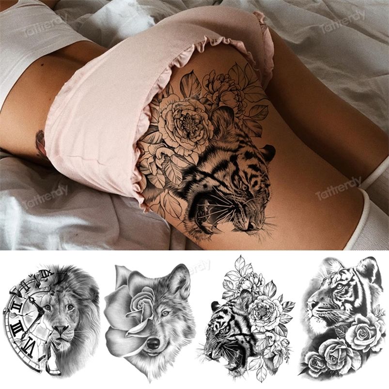 Big temporary tattoos animals thigh leg tiger rose wolf lion head sexy fake tatoo woman men body art tattoo sticker waterproof 220514 Big temporary tattoos animals thigh leg tiger rose wolf lion head sexy fake tatoo woman men body art tattoo sticker waterproof 220514