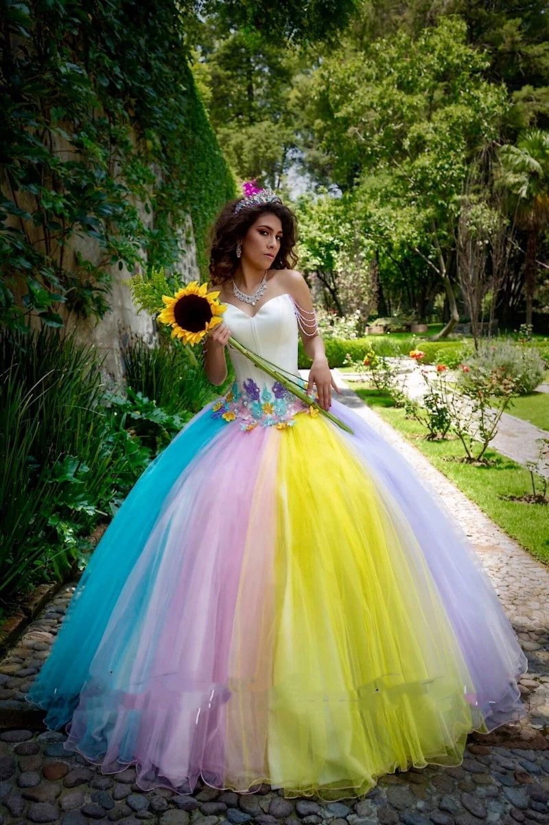 Elegant Rainbow Quinceanera Dresses With 3D Applique Tulle Tassel Sweet 16 XV  vestidos de 15 anos