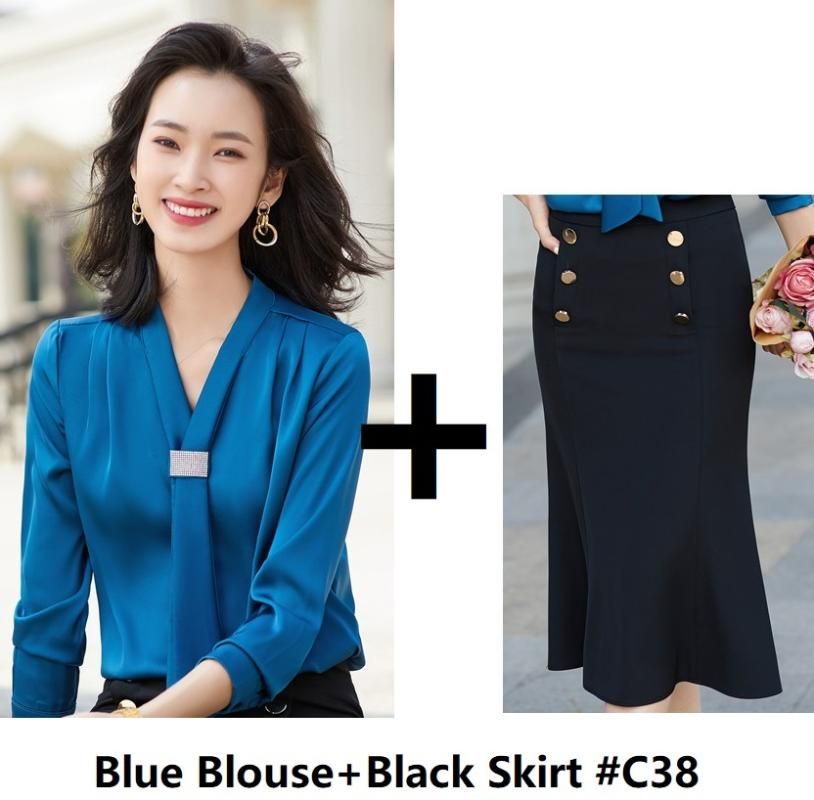 Blauwe blouse rok
