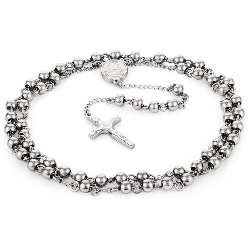 Ketten Edelstahl Perlen Halskette Gold Farbe Rosenkranz Halsketten Anhänger Jesus Christus Kreuz Lange Kette Männer Frauen_voghion.com