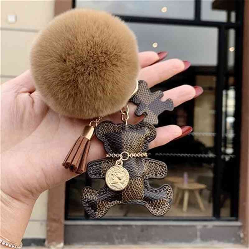 Kaffe Plaid Leather Bear + Fur Ball