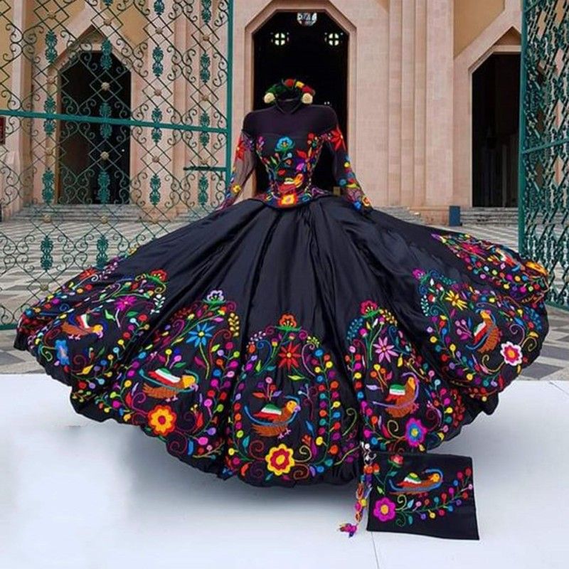Vestidos de quinceanera negros mexicanos tema colorido bordado de la pelota  de sat￩n de hombro dulce 15 vestidos xv anos9264626