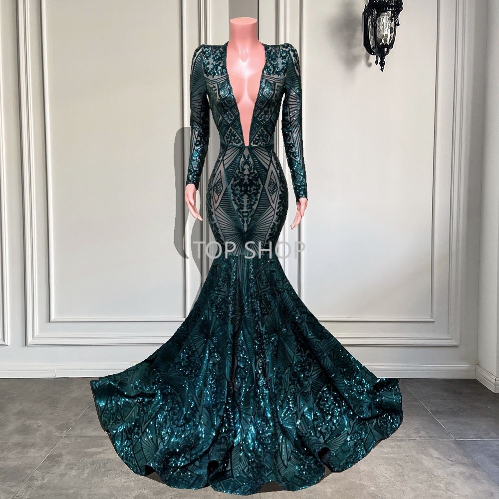 Vestidos de fiesta de manga larga 2022 Sexy Mermaid SHEER SPARKLY Emerald Green Black Girls Gala Vestidos de fiesta de manga larga 2022 Sexy Mermaid SHEER SPARKLY Emerald Green Black Girls Gala