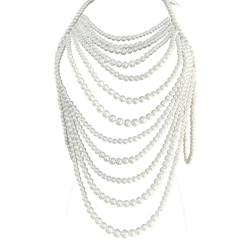 Chains Long Necklace White Black Women Adjustable Size Jewelry Plastic Pearl Body Chain Anniversary Shoulder_voghion.com