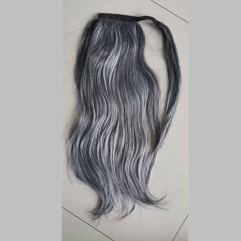 Silver dark gray human hair ponytail extension salt and pepper natural highlights straight ponytails updo hairpiece for black women wraps drawstring clips 1pcs Silver dark gray human hair ponytail extension salt and pepper natural highlights straight ponytails updo hairpiece for black women wraps drawstring clips 1pcs