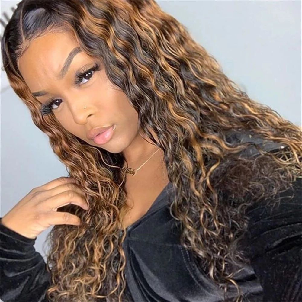 Highlight Curly Wave Lace Front Human Hair Wigs Ombre Brown Honey Blonde Color with Baby Hair Highlight Curly Wave Lace Front Human Hair Wigs Ombre Brown Honey Blonde Color with Baby Hair