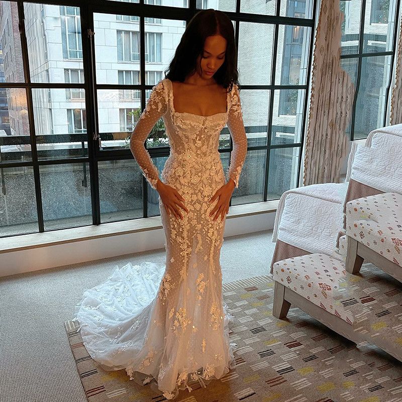 Square Neck Mermaid Wedding Dresses 