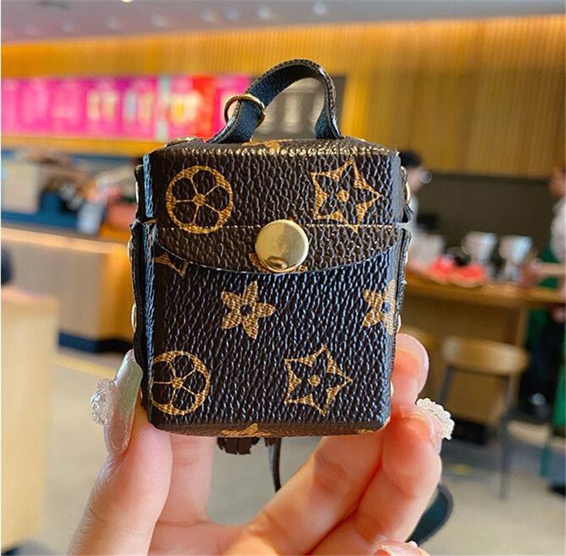 Brown Flower PU Leather AirPods Case Keychain Trinkets Fashion