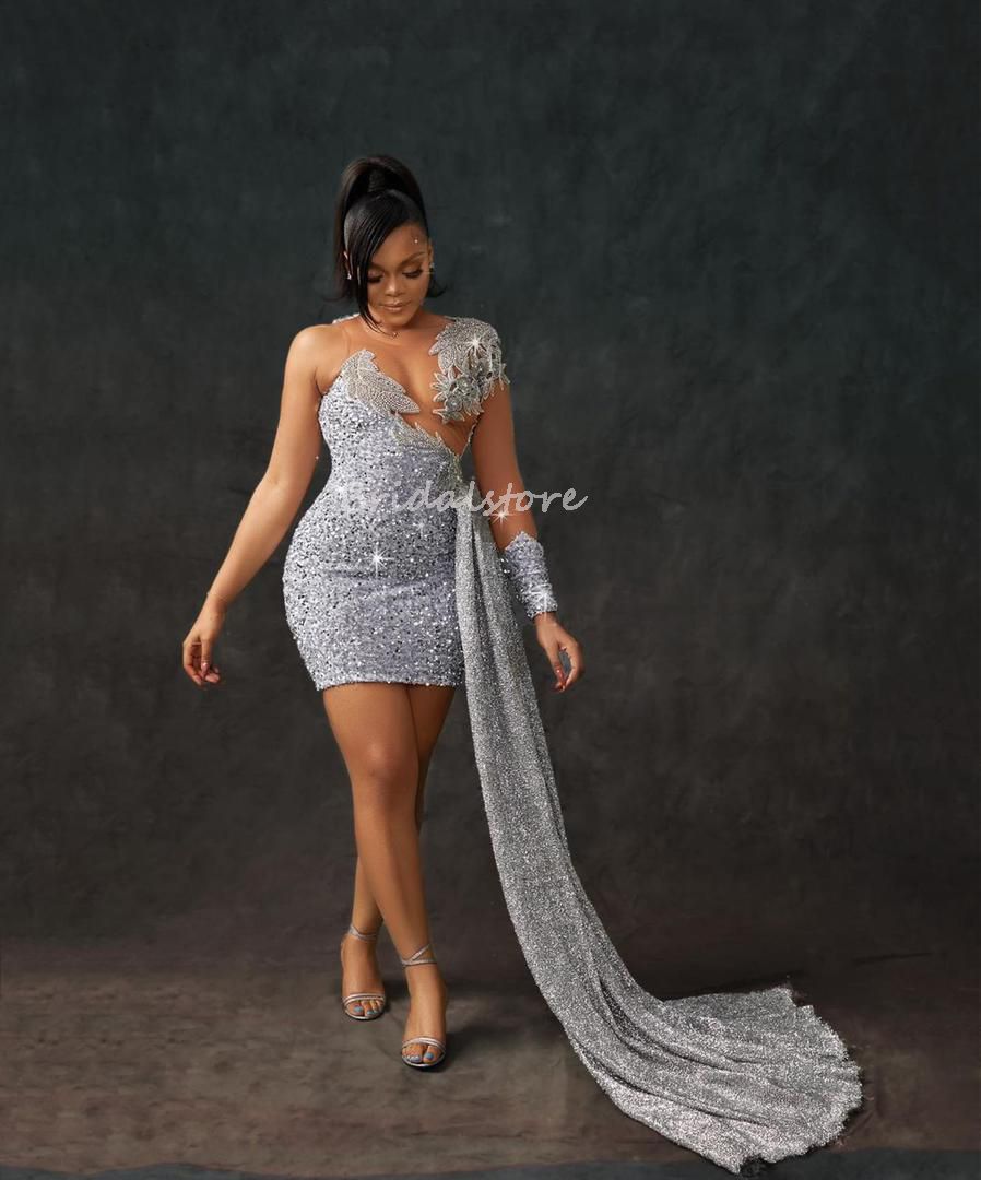Shiny Silver Sequin Evening Dress Short 