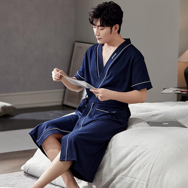 Mens Sleepwear Men Casual Kimono Bathrobe Summer Cotton Long Robe Short Sleeve V Neck Big Yards 4XL Nightgown Male Loose Home From Douban, $20.94 | DHgate.Com