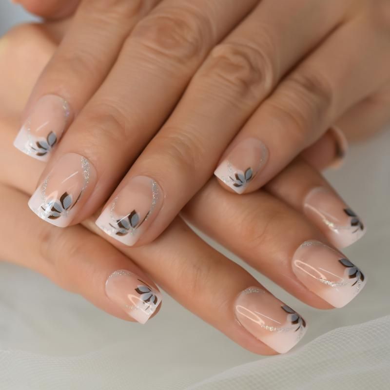 False Nails Medium Nude Natural Square Shimmer Glitter Decorative Flower Grace White Gradient Ombre Artificial Nail False Nails Medium Nude Natural Square Shimmer Glitter Decorative Flower Grace White Gradient Ombre Artificial Nail
