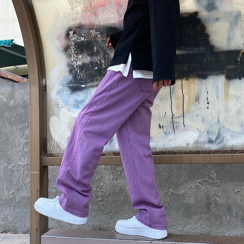 Mens Jeans Purple Green Men Loose 