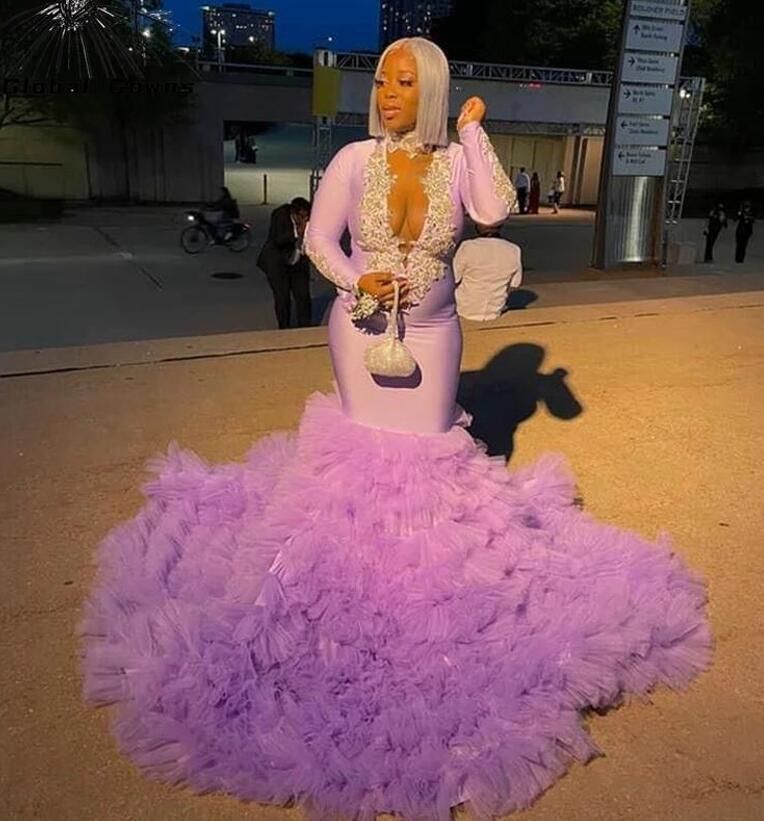 New Purple Prom Dresses 2022 For Black Girl Sequined Long Sleeve