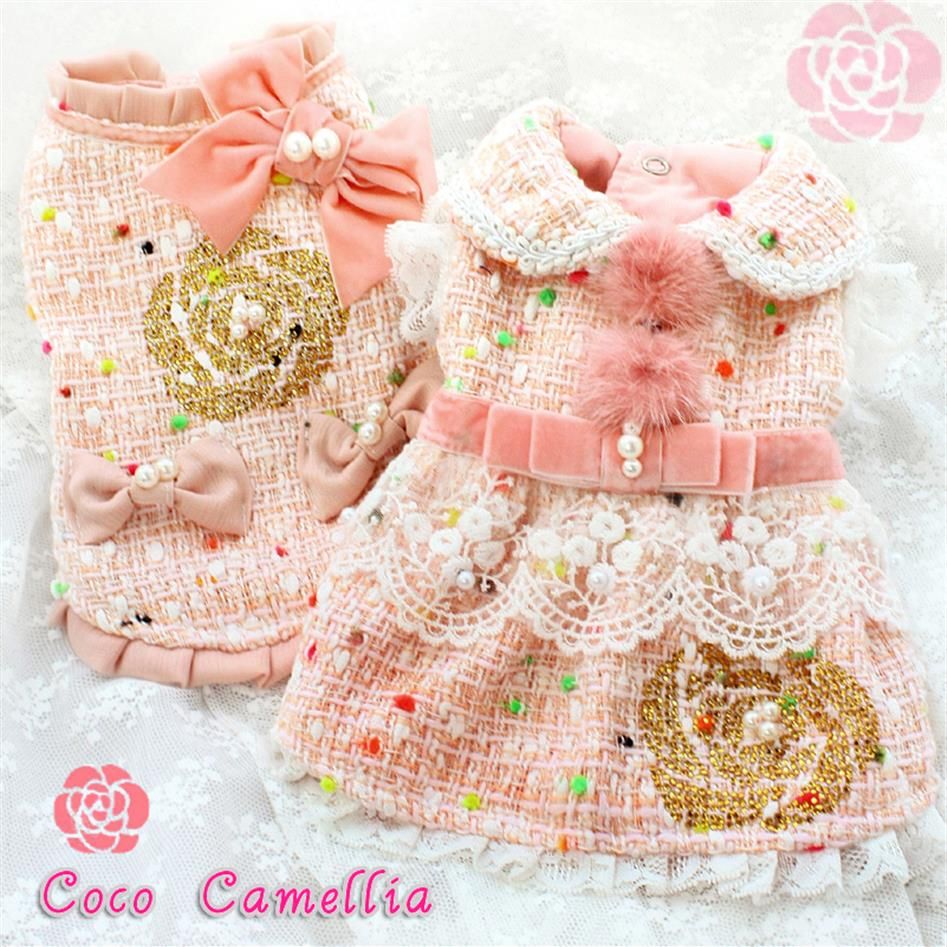 Handmade Luxury Dog Apparel Clothes Twin Sets C Style Pink Tweed Coat Dress  Pet Vest Camellia Velvet Bow Accessories310U From 39,76 €