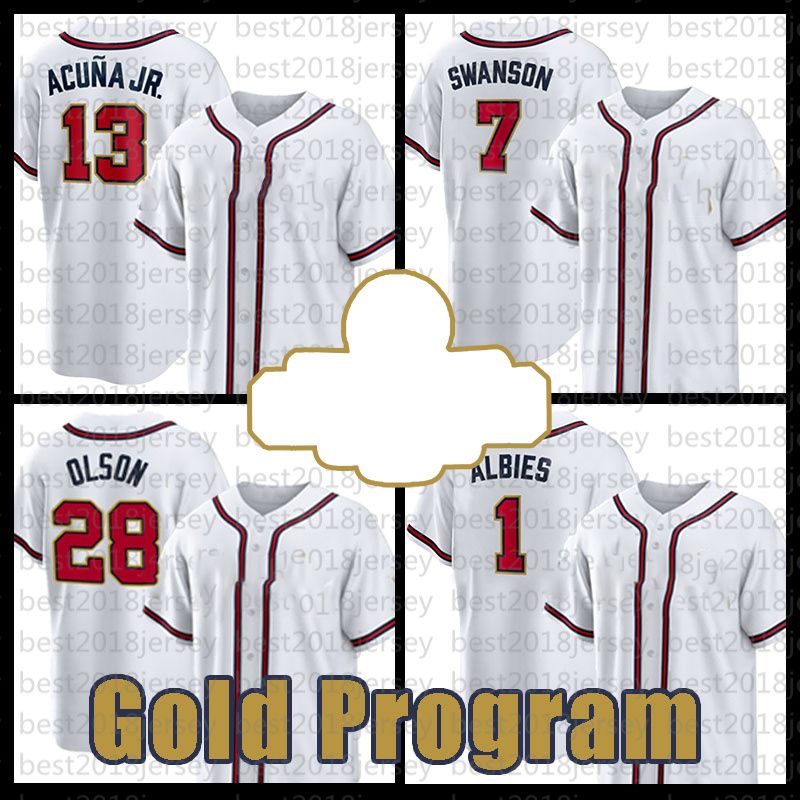 Wholesale Best Quality #13 Ronald Acuna Jr. #7 Dansby Swanson #1 Ozzie  Albies #27 Austin Riley Stitched Gold Program Baseball Jersey From  m.