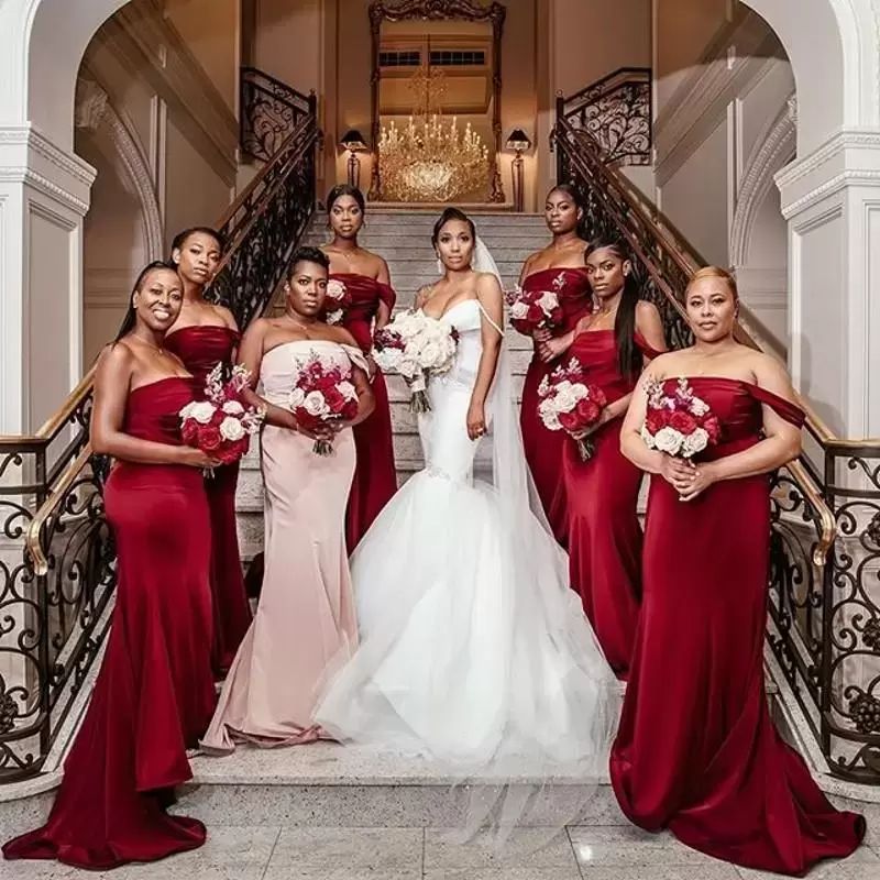 2022 Dark Red Bridesmaid Dresses Mermaid Off The Shoulder Neckline Sweep  Train Plus Size Custom Made Maid Of Honor Gown Beach Wedding Wear From  Topfashion_dress, $96.65 | DHgate.Com