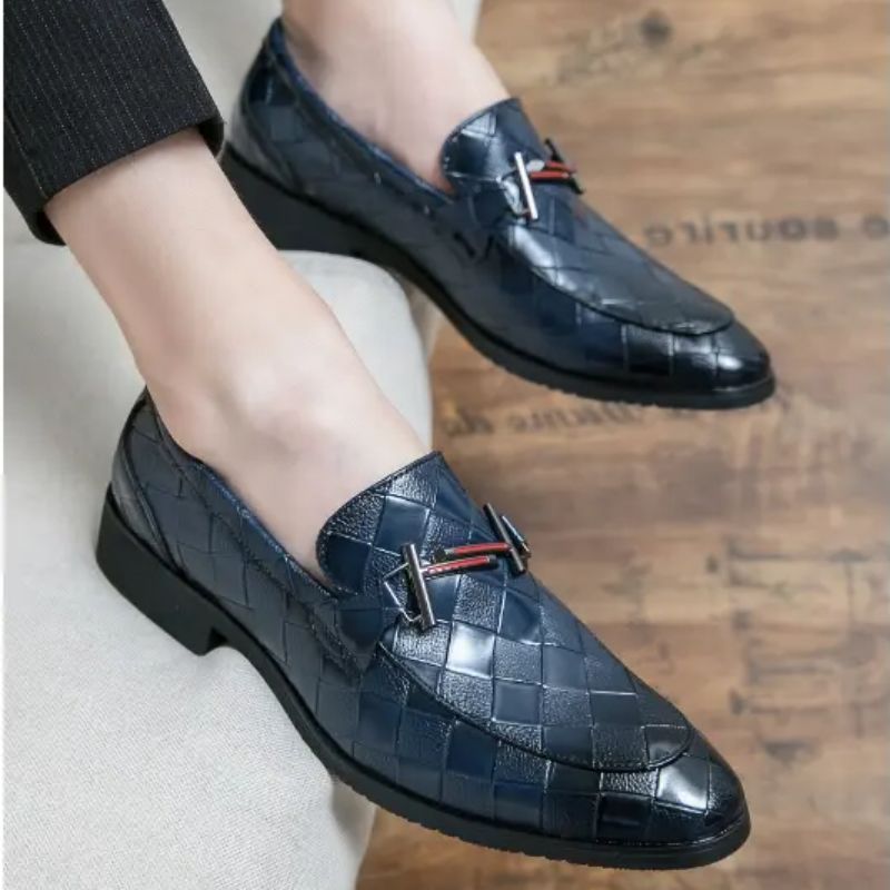 Loafers Men Shoes PU Leather Low Heel Solid Color Classic Versatile Fashion  Woven Texture Retro Metal