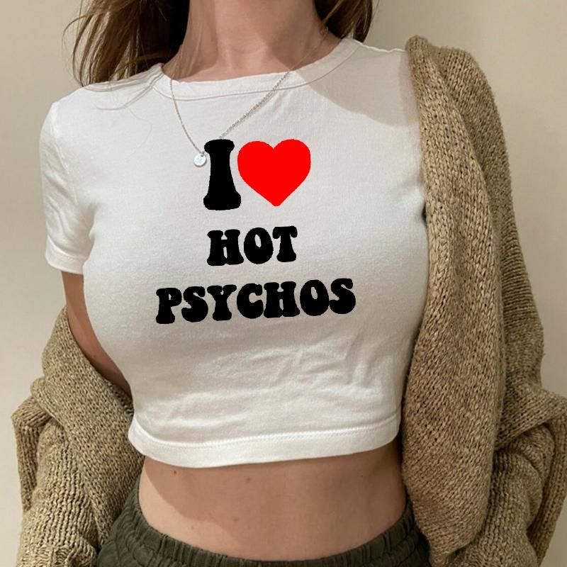 Women's T-Shirt Love Psychos Funny Words Saying Women Cropped Tops Harajuku  Summer Fashion Sexy Party Clothes Goth T Shirts DropWomen's
