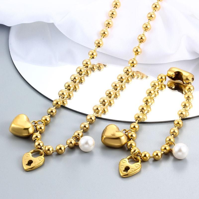 Chains Fashion Sier Stainless Steel Color Gift Round White Ball Women Men Lock Key UN 50 8mm Bead Pendants Neckalce_voghion.com