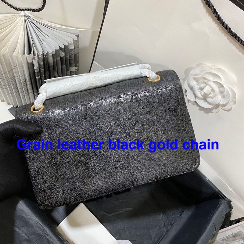Grain leather black gold chain