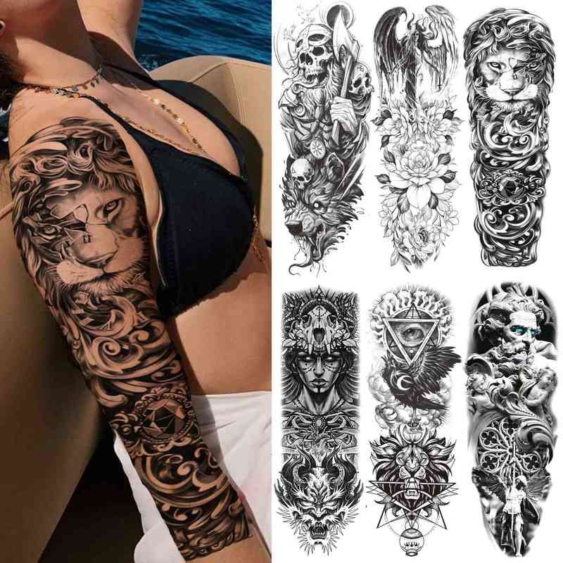 NXY Temporary Tattoo Black Lion Sleeve s for Women Men Geometric Tribal  Sticker Fake Flower Skull