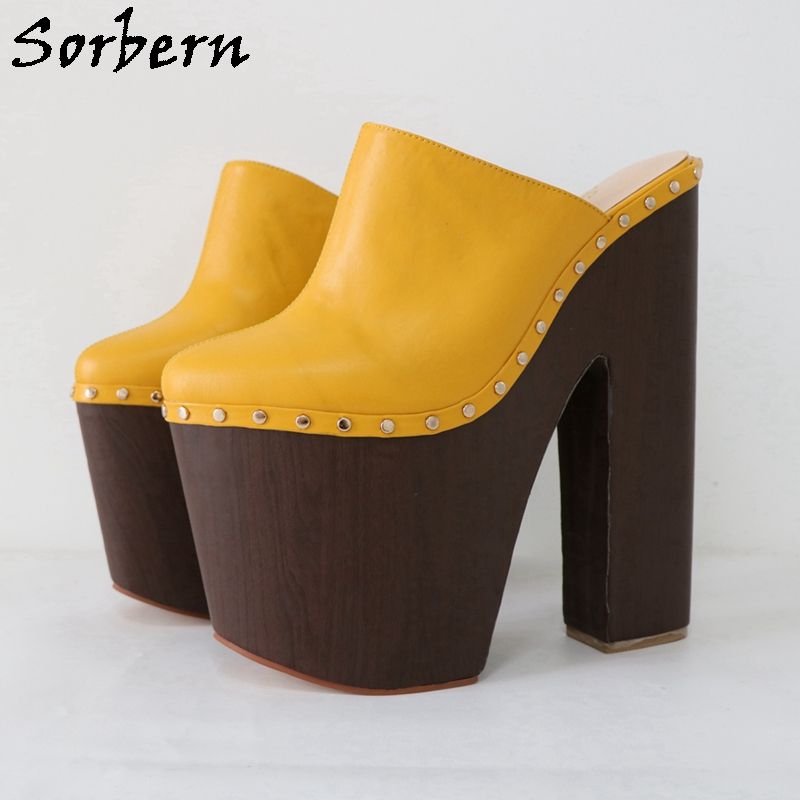 Sorbern Ginger Yellow Pump Dress Shoes 24cm Women Mules Rivet Punk Clogs  Block Wooden Style Wide