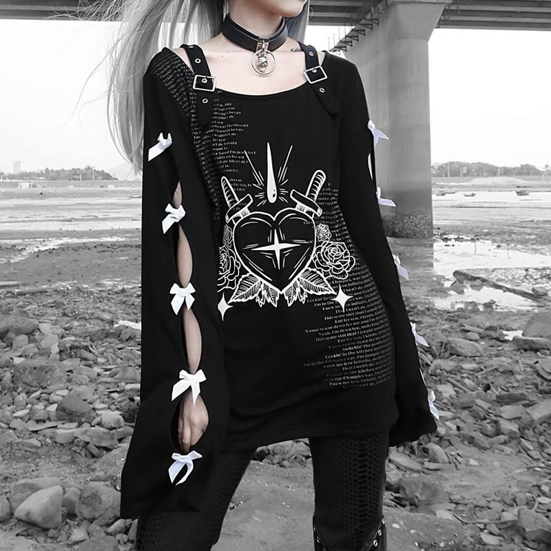 Women S T Shirt Emo Alt Dark Aesthetic Alternative Gothic Black Heart Print Goth Long Sleeves Punk Bow Tie Sleeve Tops Grunge Clothing