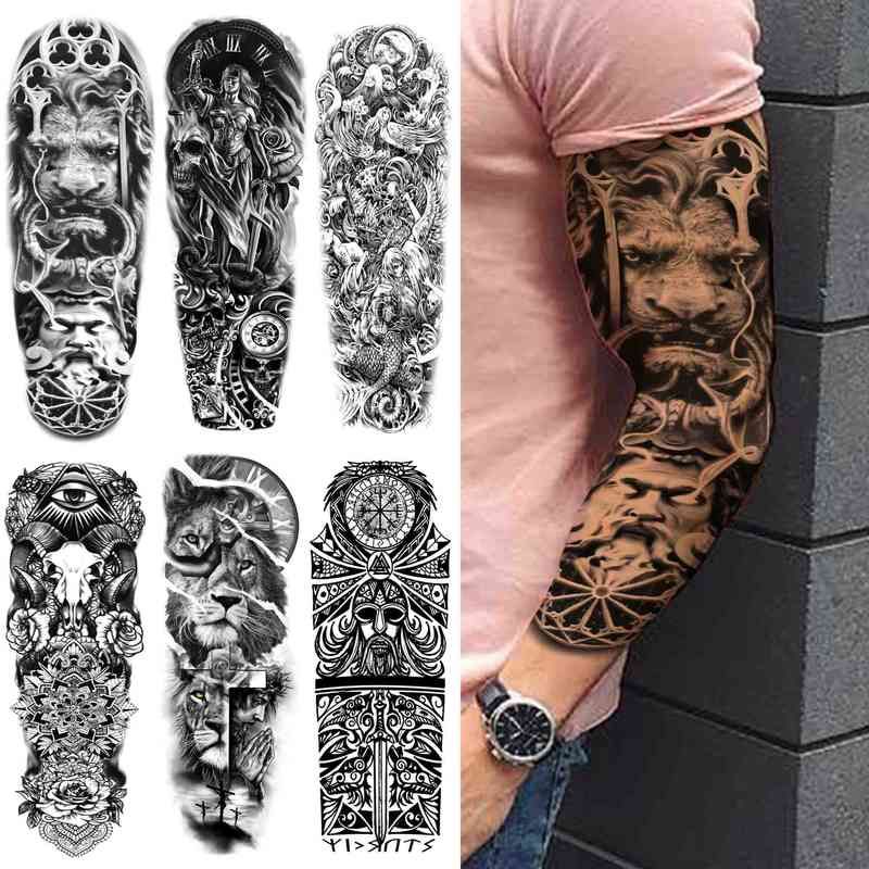 NXY Temporary Tattoo Lion King Sleeve for Men Women Tribal Totem s Sticker  Black Fake Flower