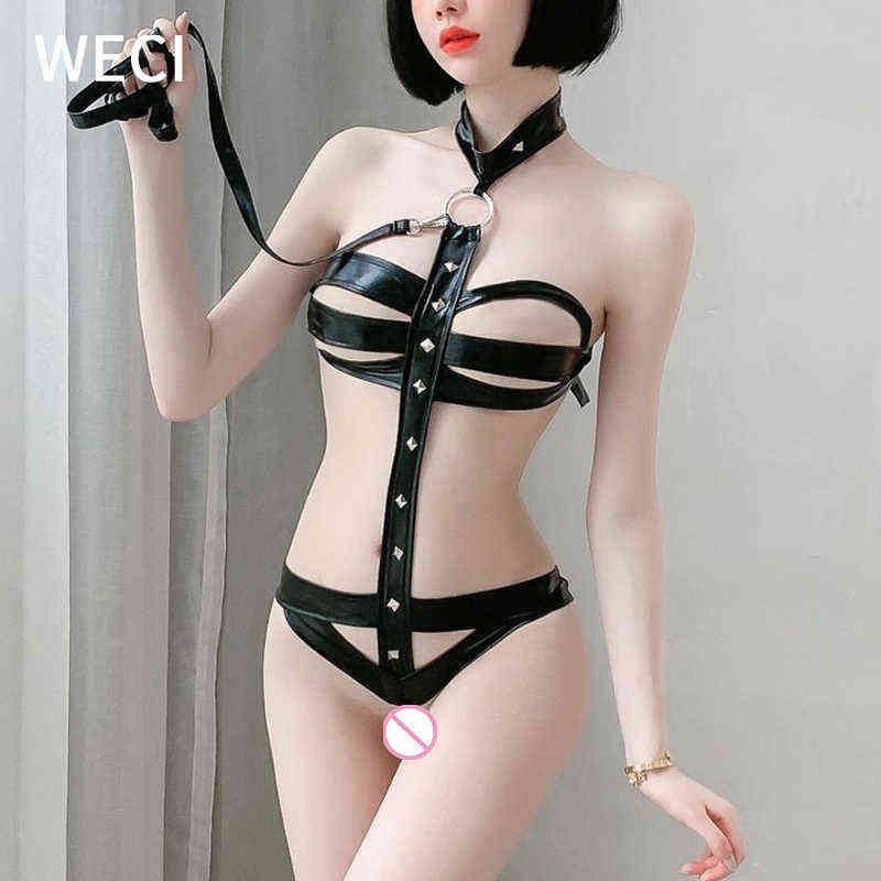 Weci Sexy látex bdsm body gatsuit lencería mujer traje de cuero caliente con bikini corsé