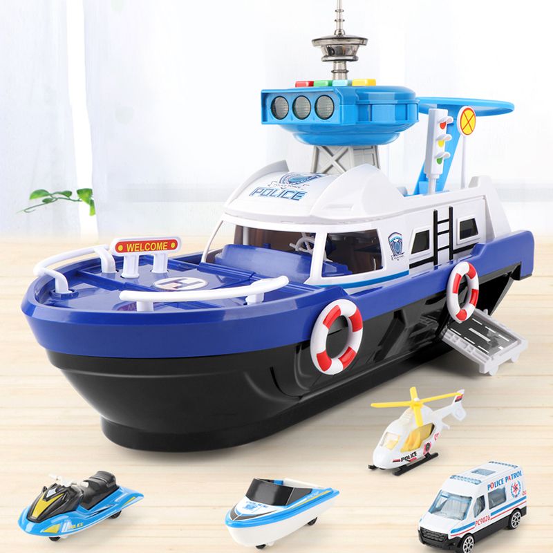 Blauw schip met 4 auto